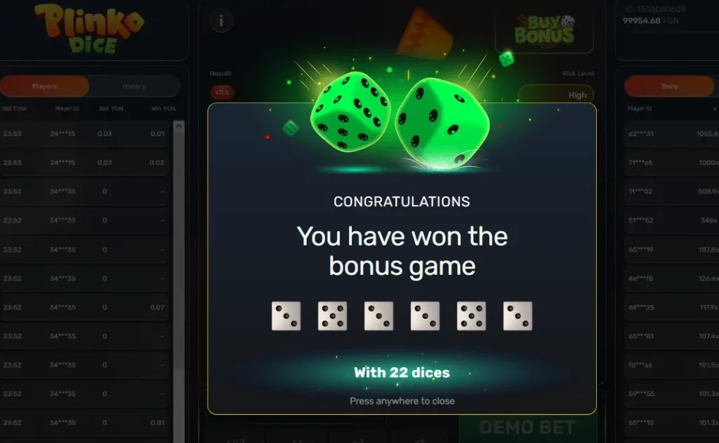 প্লিঙ্কো ডাইসে বোনাস গেম জেতা প্লিঙ্কো ডাইসে বোনাস গেম জেতা